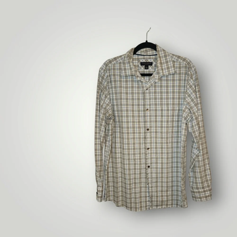 Banana Republic Classic Fit Mens tan Plaid Shirt Large Button Down Long Sleev